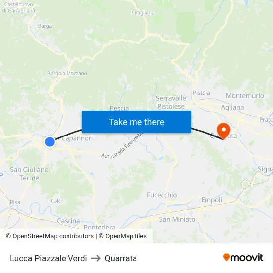 Lucca Piazzale Verdi to Quarrata map