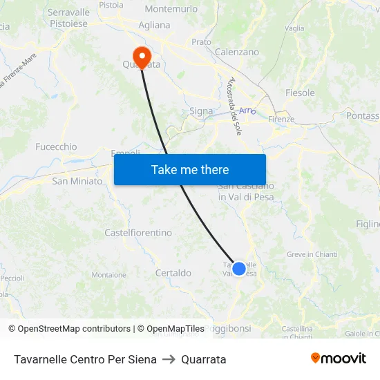 Tavarnelle Center To Siena to Quarrata map