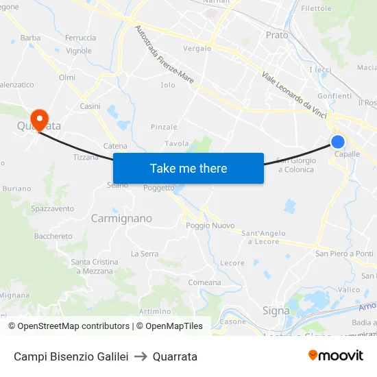 Campi Bisenzio Galilei to Quarrata map