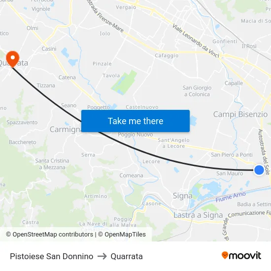 Pistoiese San Donnino to Quarrata map