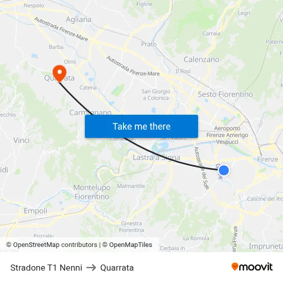 Stradone T1 Nenni to Quarrata map