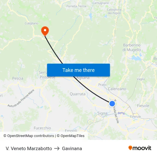 Via Veneto Marzabotto to Gavinana map