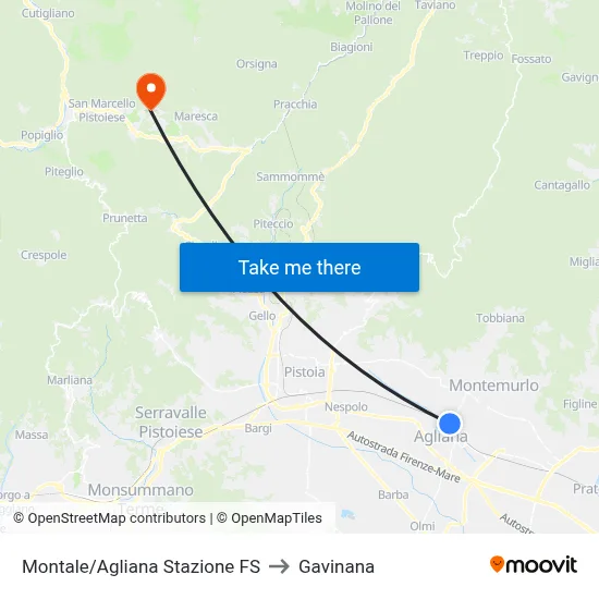 Montale/Agliana Railway Station to Gavinana map
