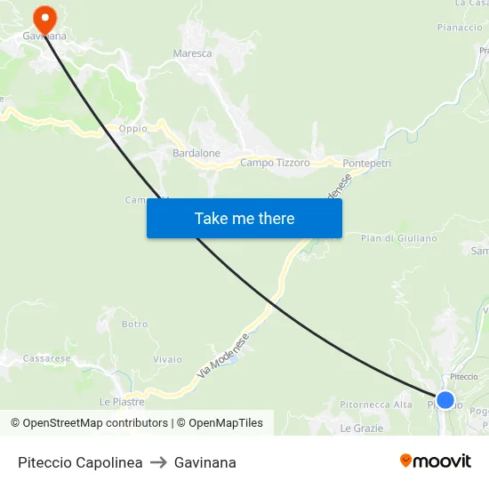 Piteccio Terminus to Gavinana map