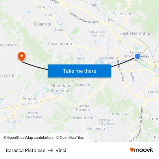 Baracca Pistoiese to Vinci map