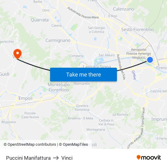 Puccini Manifattura to Vinci map