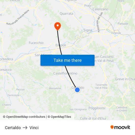 Certaldo to Vinci map