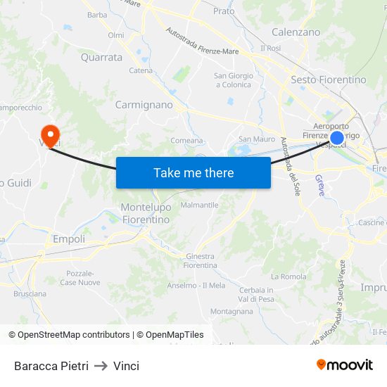 Baracca Pietri to Vinci map