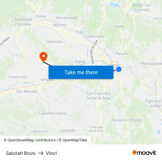 Salutati Bruni to Vinci map