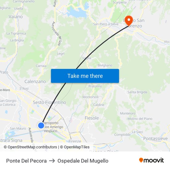 Ponte Del Pecora to Ospedale Del Mugello map