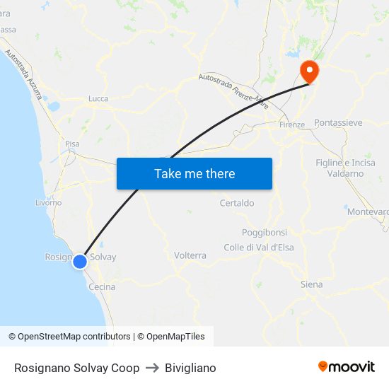 Rosignano Solvay Coop to Bivigliano map