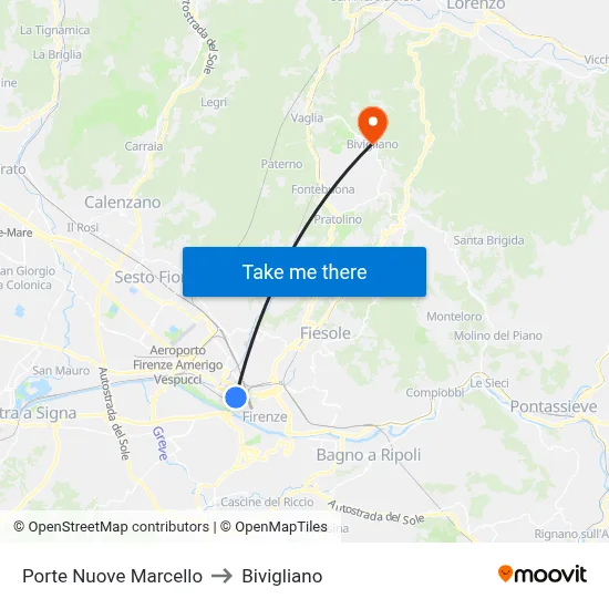 Porte Nuove Marcello to Bivigliano map