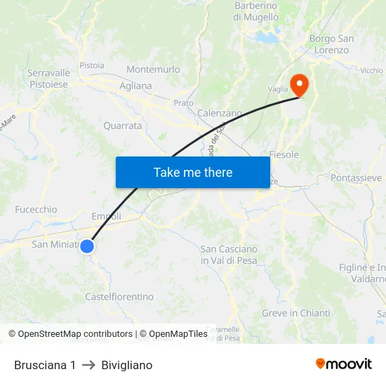 Brusciana 1 to Bivigliano map