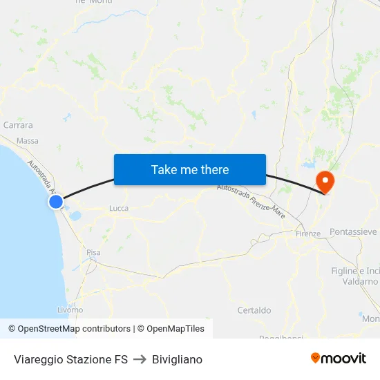 Viareggio Railway Station to Bivigliano map