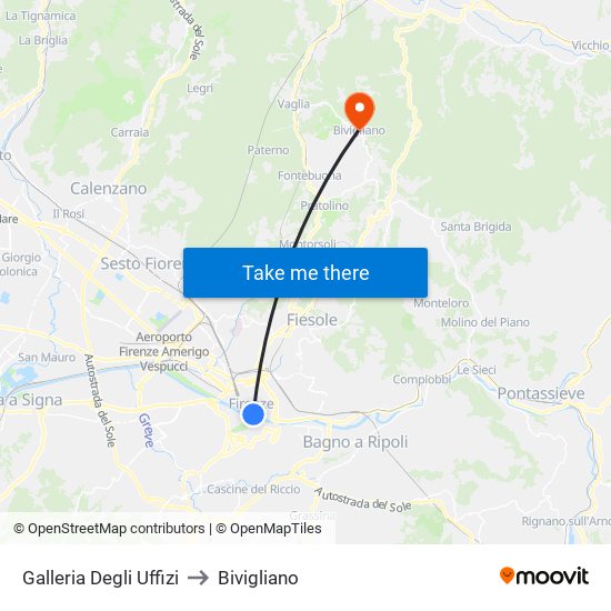 Galleria Degli Uffizi to Bivigliano map