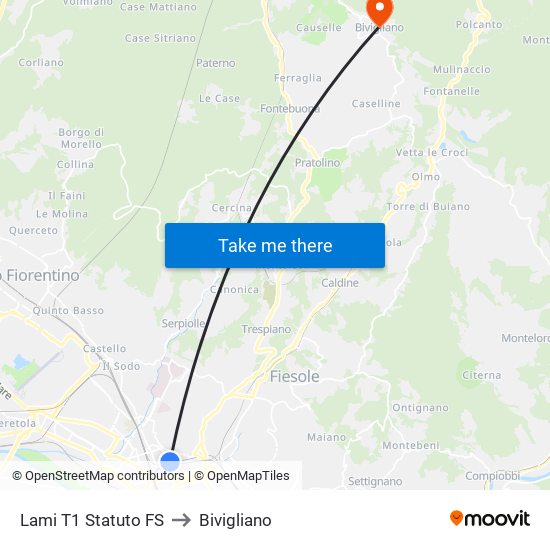 Lami T1 Statuto FS to Bivigliano map