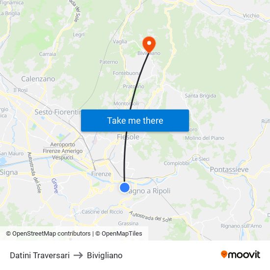 Datini Traversari to Bivigliano map