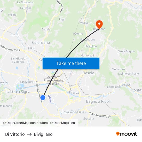 Di Vittorio to Bivigliano map