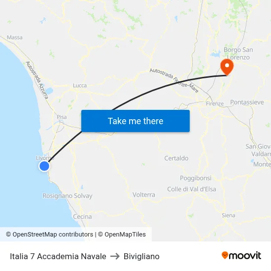 Italia 7 Naval Academy to Bivigliano map