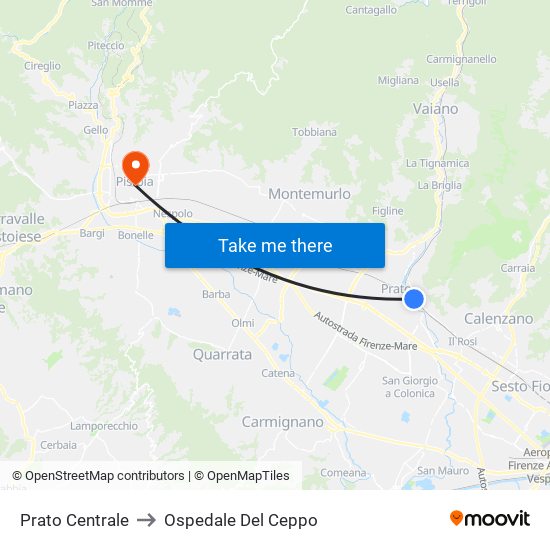 Prato Centrale to Ospedale Del Ceppo map