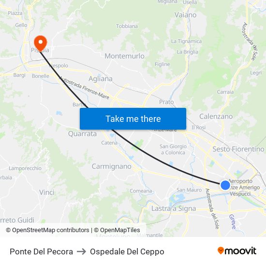Ponte Del Pecora to Ospedale Del Ceppo map