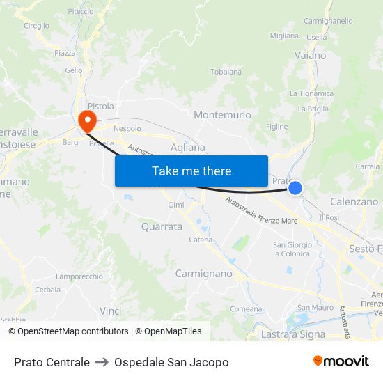 Prato Centrale to Ospedale San Jacopo map