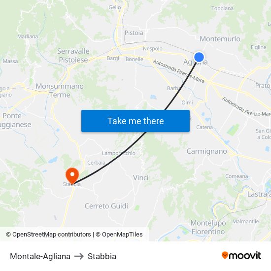 Montale-Agliana to Stabbia map