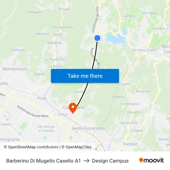 Barberino Di Mugello Casello A1 to Design Campus map