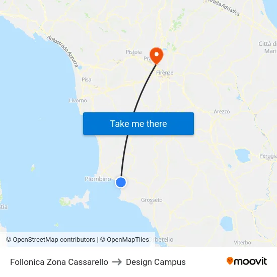 Follonica Zona Cassarello to Design Campus map