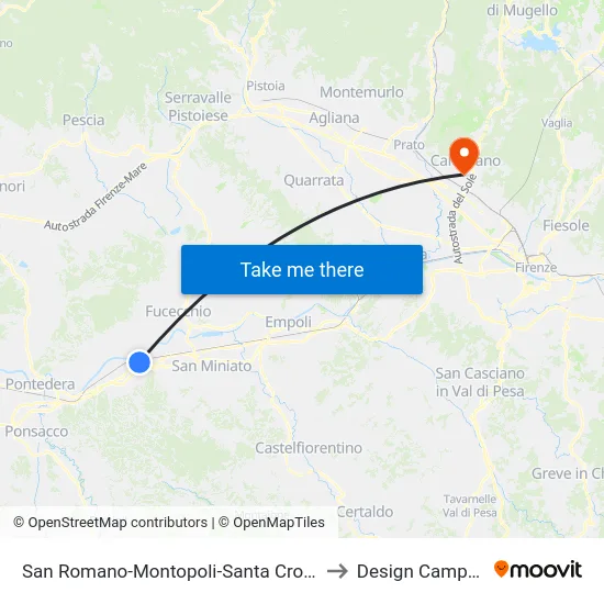 San Romano-Montopoli-Santa Croce to Design Campus map