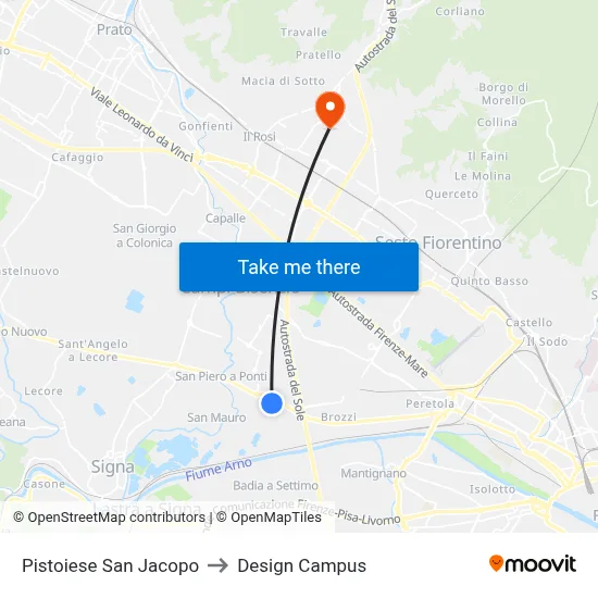 Pistoiese San Jacopo to Design Campus map