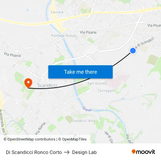 Scandicci Ronco Corto to Design Lab map