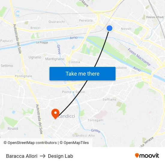 Baracca Allori to Design Lab map