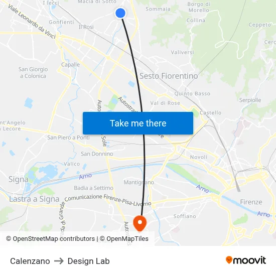 Calenzano to Design Lab map