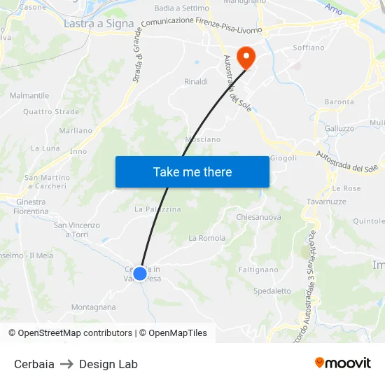 Cerbaia to Design Lab map
