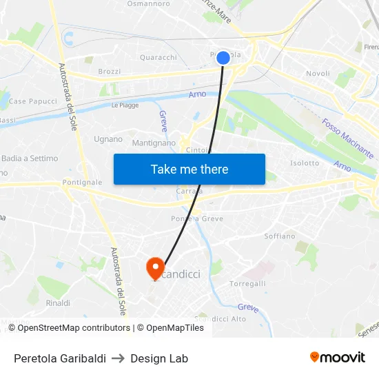 Peretola Garibaldi to Design Lab map