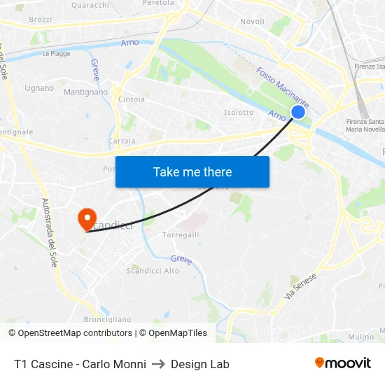 T1 Cascine - Carlo Monni to Design Lab map