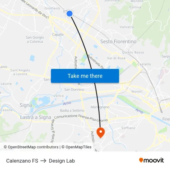 Calenzano Station to Design Lab map