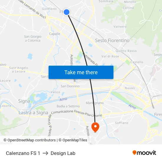 Calenzano Station 1 to Design Lab map