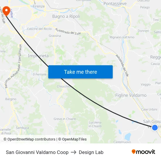 San Giovanni Valdarno Coop to Design Lab map