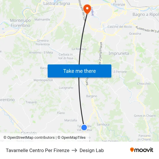 Tavarnelle Center To Florence to Design Lab map