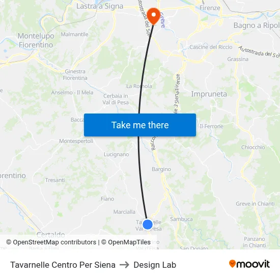 Tavarnelle Center To Siena to Design Lab map