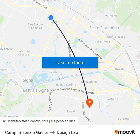 Campi Bisenzio Galilei to Design Lab map