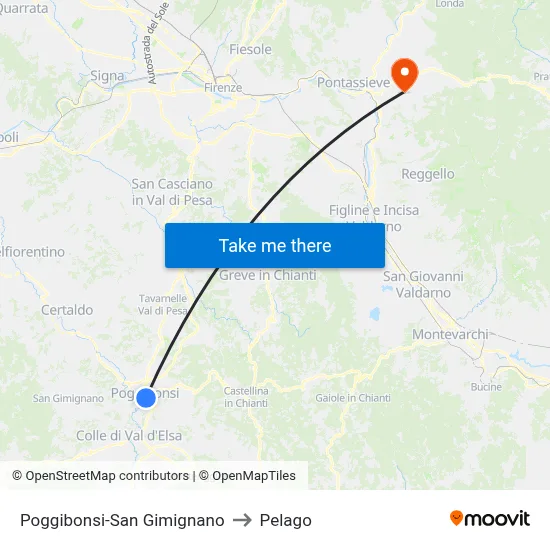 Poggibonsi-San Gimignano to Pelago map