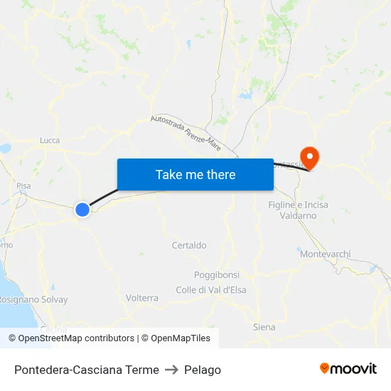 Pontedera-Casciana Terme to Pelago map