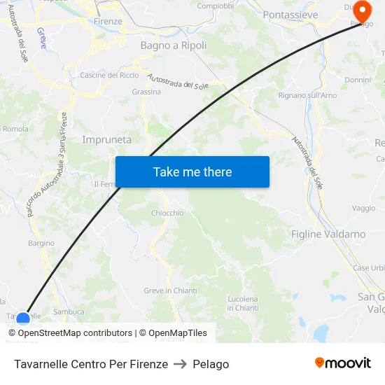 Tavarnelle Center To Florence to Pelago map