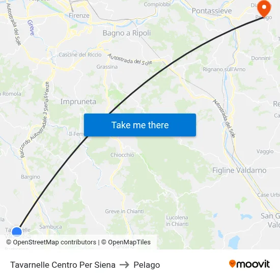 Tavarnelle Center To Siena to Pelago map
