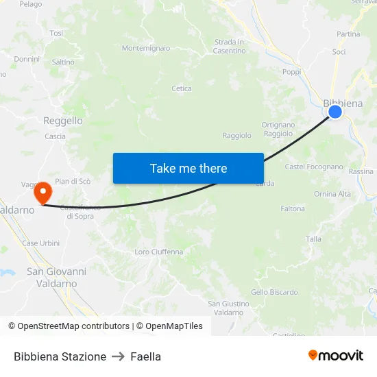 Bibbiena Station to Faella map