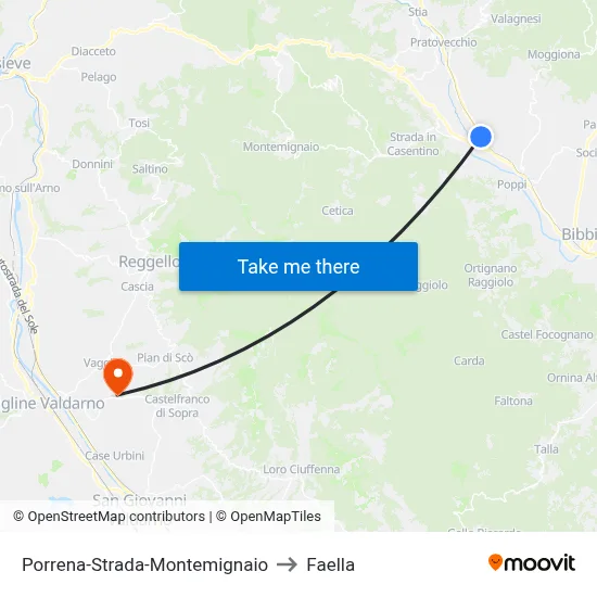 Porrena-Road-Montemignaio to Faella map