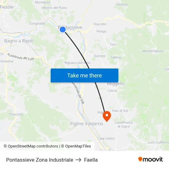 Pontassieve Industrial Zone to Faella map